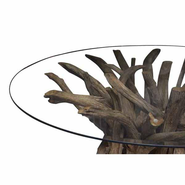 Round teak root dining table with tempered glass top – handcrafted wood base from the Branchwood Series, each piece uniquely shaped by nature