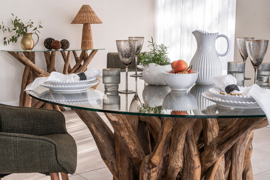 Round teak root dining table with tempered glass top – handcrafted wood base from the Branchwood Series, each piece uniquely shaped by nature