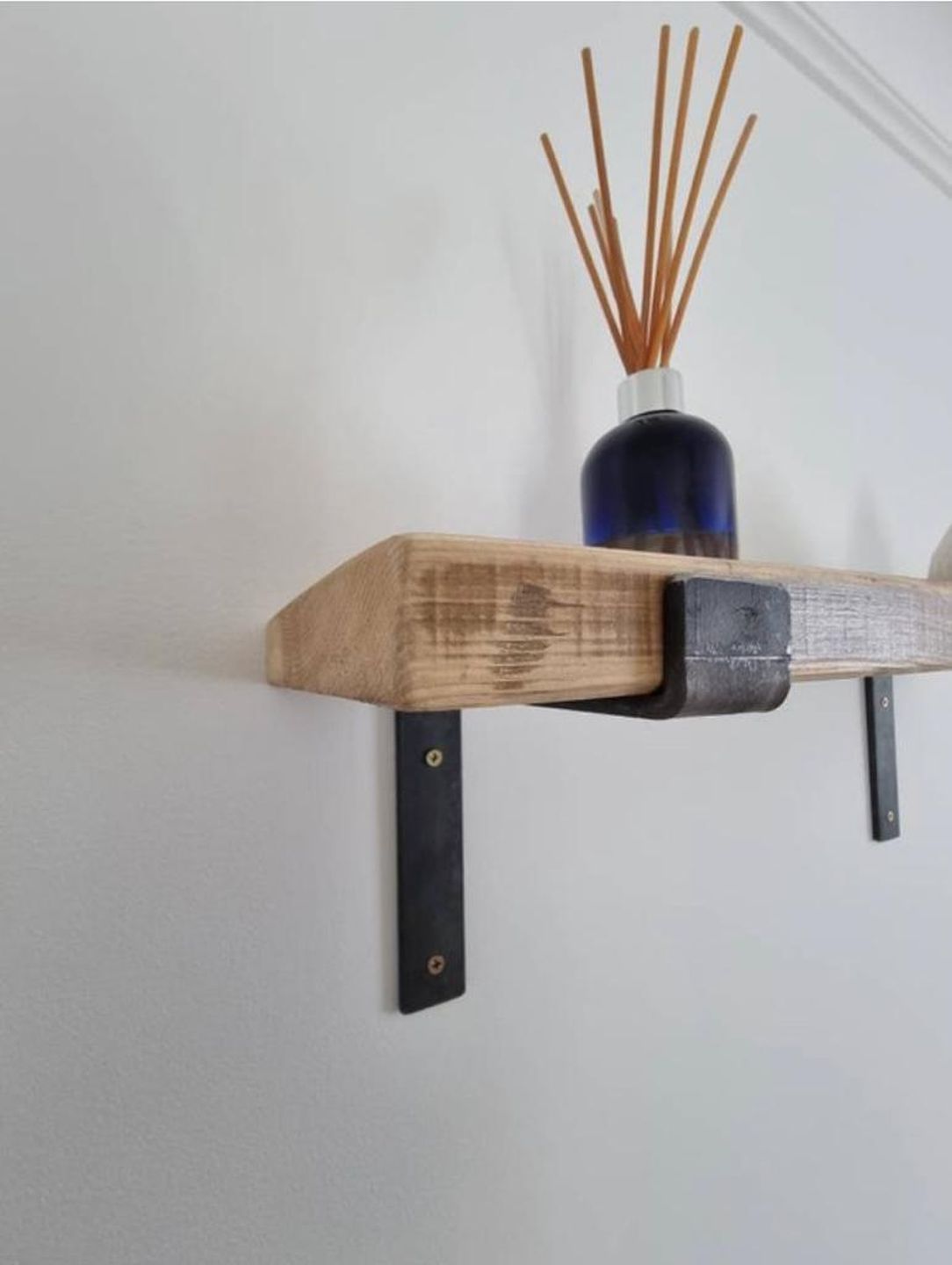 Reclaimed wood wall shelves with industrial or retro-style metal brackets – handmade to order with rustic finish