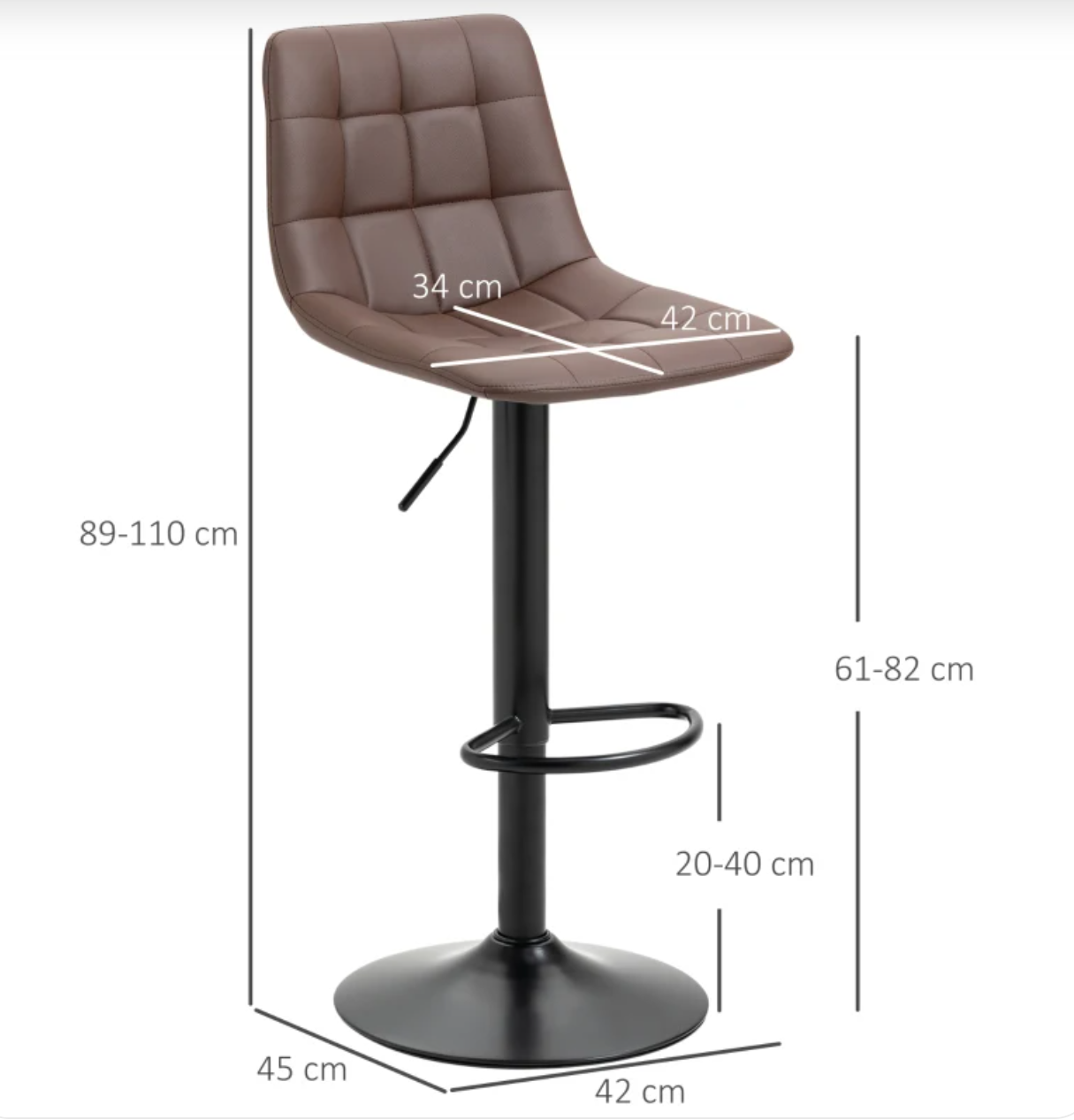 Set of 2 brown adjustable bar stools with swivel seat, quilted faux leather, padded backrest, and footrest – perfect for kitchen counter or home bar