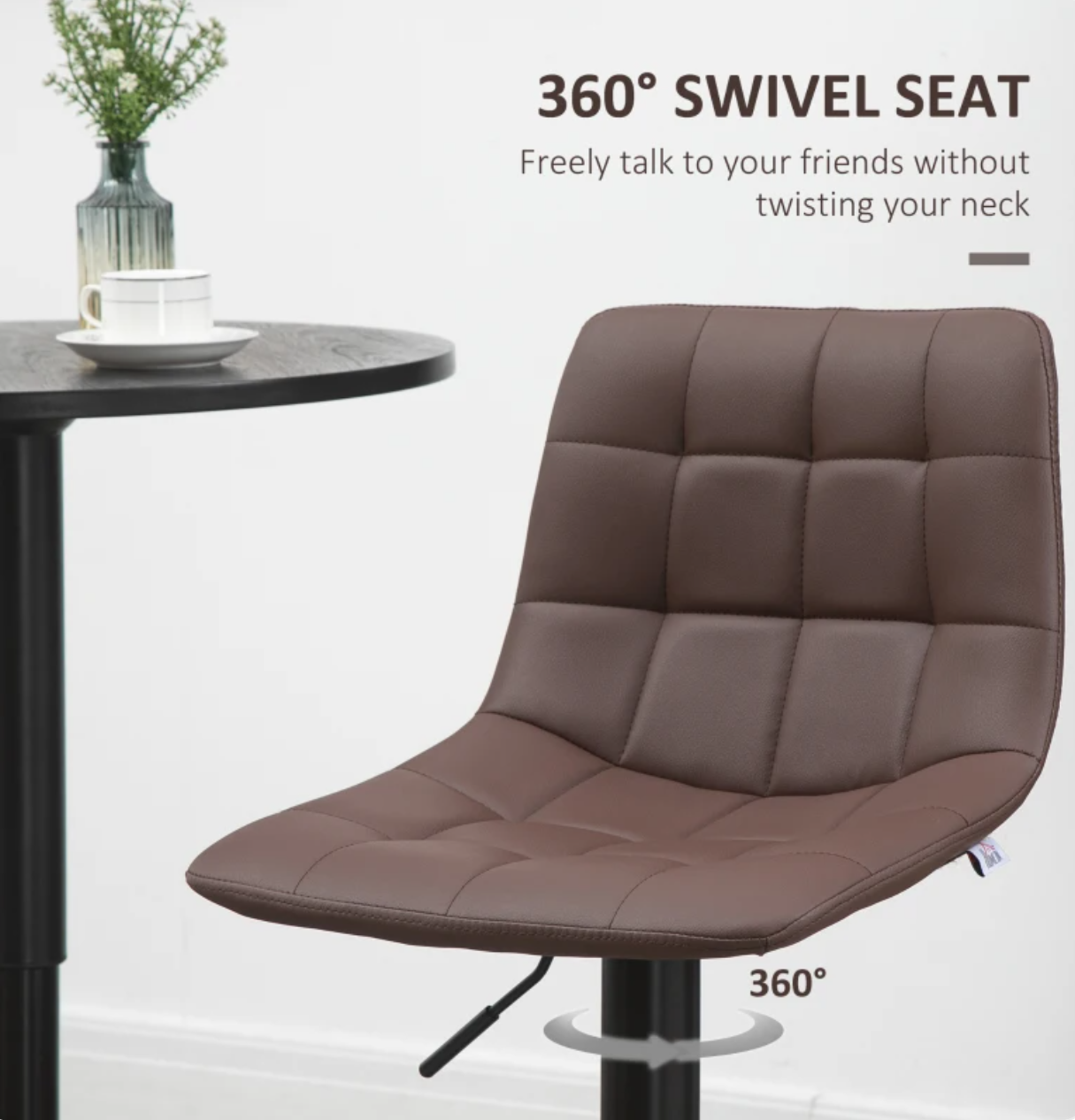 Set of 2 brown adjustable bar stools with swivel seat, quilted faux leather, padded backrest, and footrest – perfect for kitchen counter or home bar