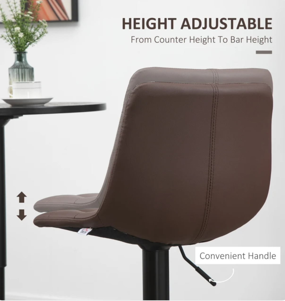 Set of 2 brown adjustable bar stools with swivel seat, quilted faux leather, padded backrest, and footrest – perfect for kitchen counter or home bar