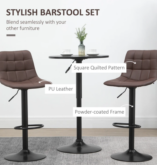 Set of 2 brown adjustable bar stools with swivel seat, quilted faux leather, padded backrest, and footrest – perfect for kitchen counter or home bar