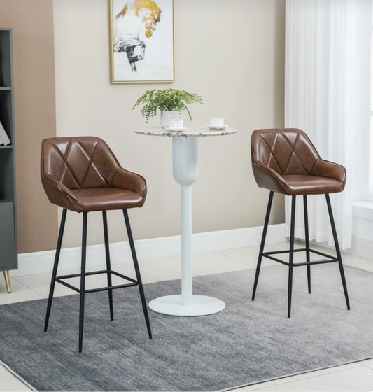 Set of 2 brown retro bar stools with quilted faux leather, padded backrest, steel legs, and footrest – ideal for kitchen counter or home bar

