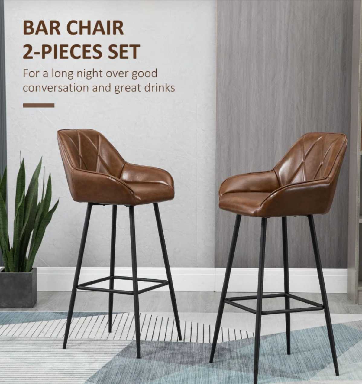 Set of 2 brown retro bar stools with quilted faux leather, padded backrest, steel legs, and footrest – ideal for kitchen counter or home bar

