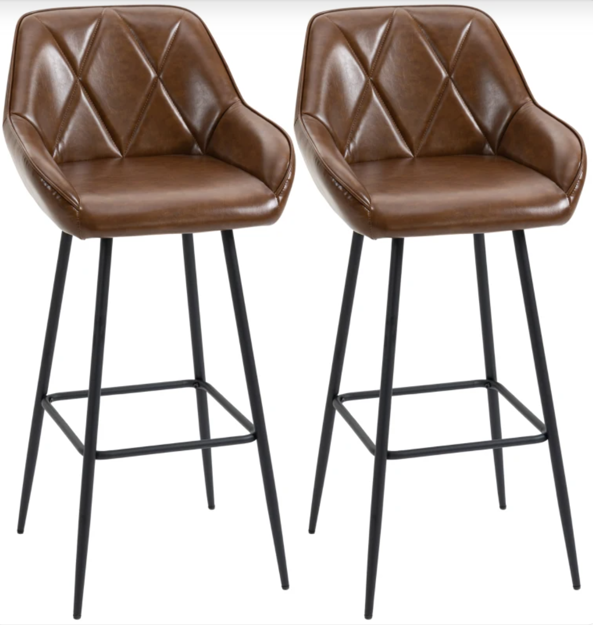 Set of 2 brown retro bar stools with quilted faux leather, padded backrest, steel legs, and footrest – ideal for kitchen counter or home bar

