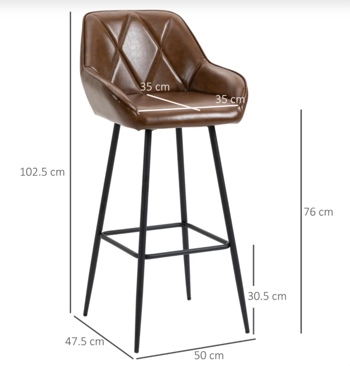 Set of 2 brown retro bar stools with quilted faux leather, padded backrest, steel legs, and footrest – ideal for kitchen counter or home bar

