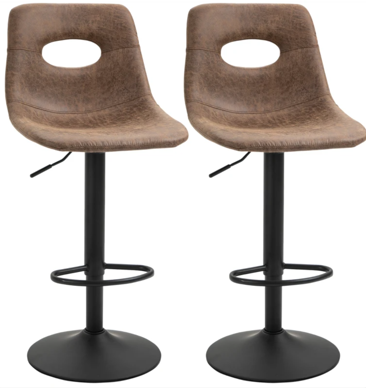 Set of 2 retro-style brown bar stools with swivel seat, adjustable height, padded backrest, and footrest – ideal for kitchen or home bar