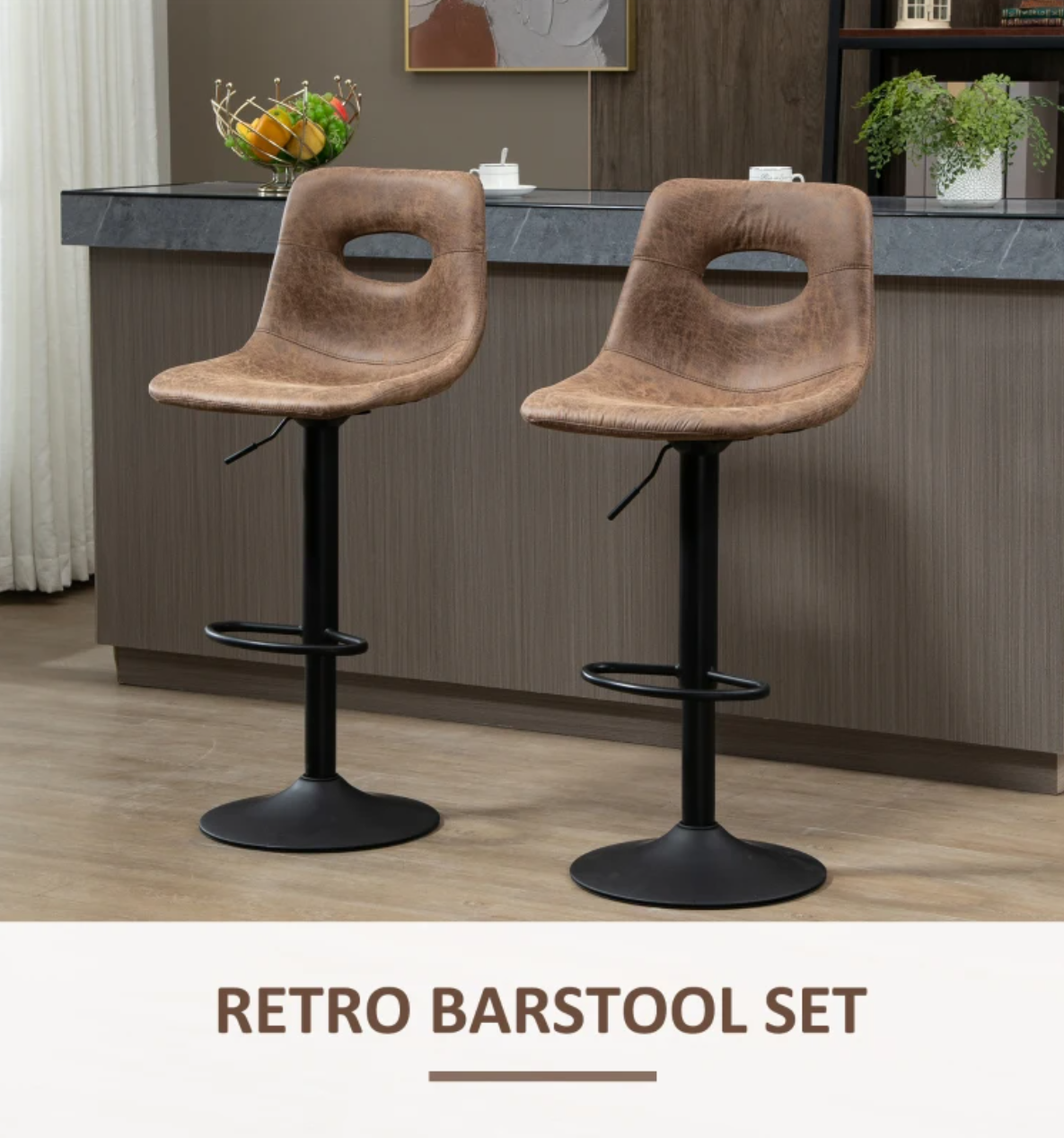Set of 2 retro-style brown bar stools with swivel seat, adjustable height, padded backrest, and footrest – ideal for kitchen or home bar