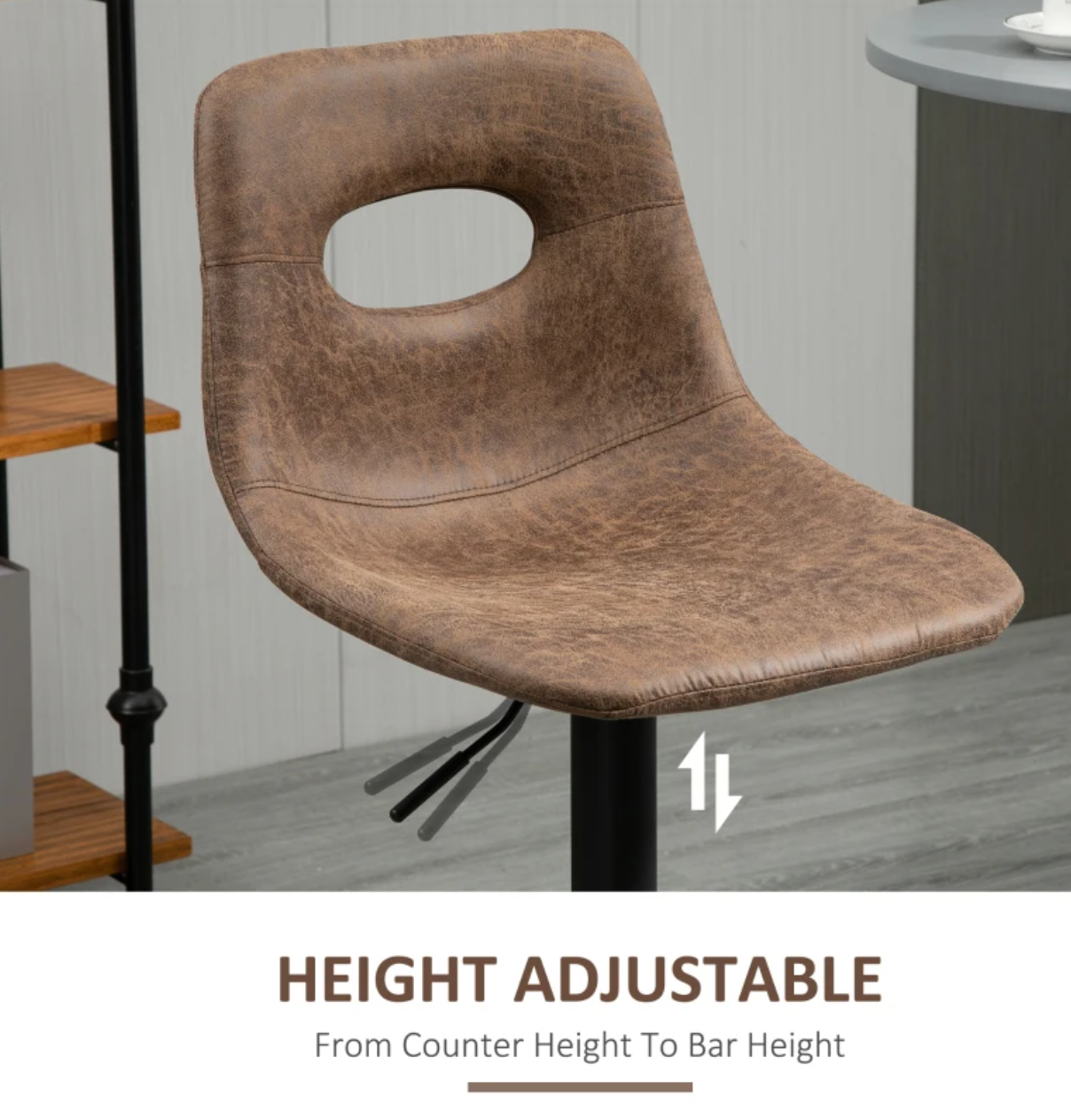 Set of 2 retro-style brown bar stools with swivel seat, adjustable height, padded backrest, and footrest – ideal for kitchen or home bar