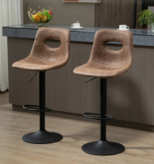 Set of 2 retro-style brown bar stools with swivel seat, adjustable height, padded backrest, and footrest – ideal for kitchen or home bar