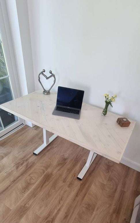 Adjustable height desk with reclaimed wood herringbone top and electric legs, featuring LED smart handset with memory presets and child lock – handcrafted sit-stand desk for home or office.