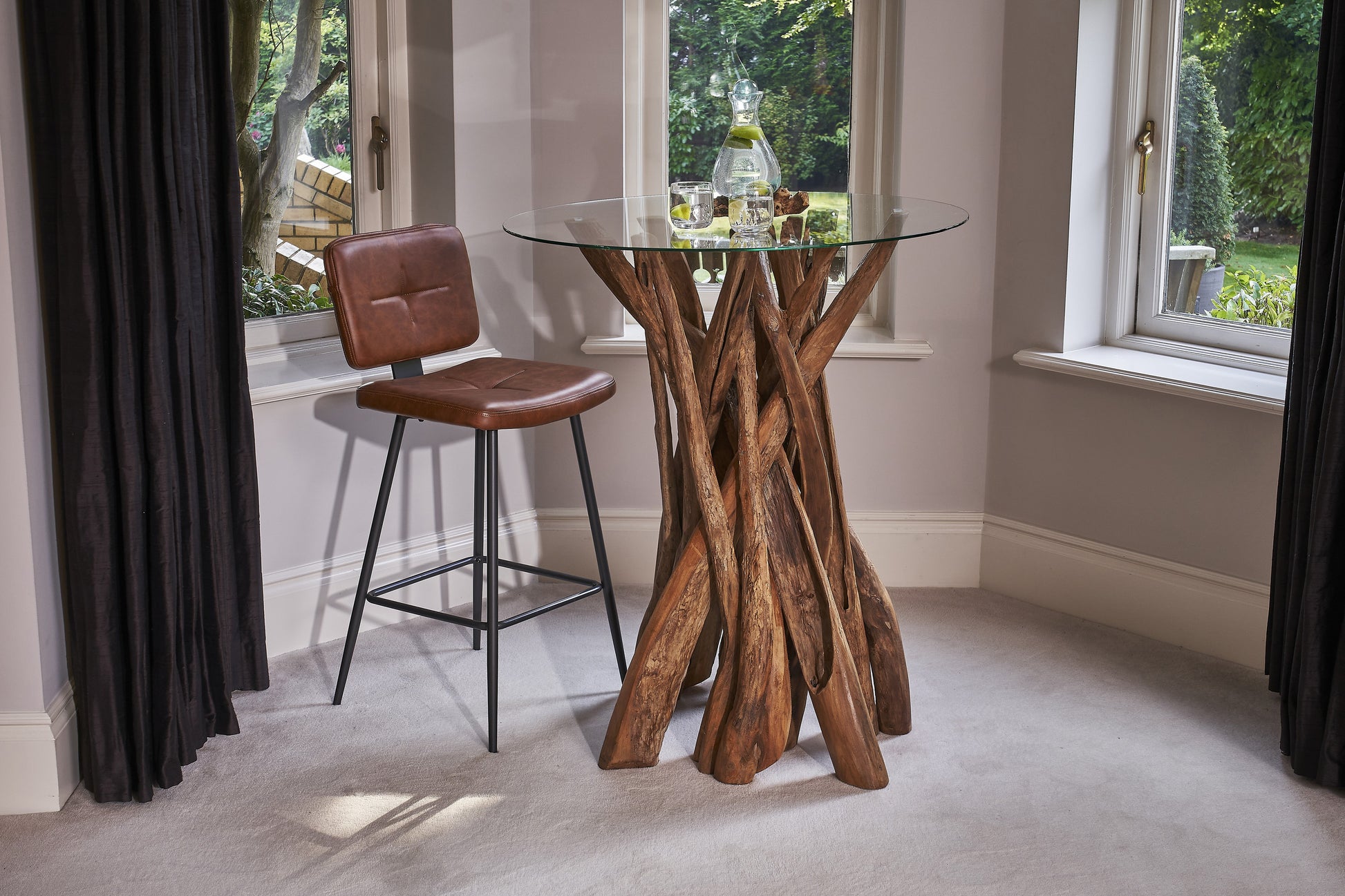 Square teak root bar table with tempered glass top – handcrafted reclaimed wood base from the Branchwood Series