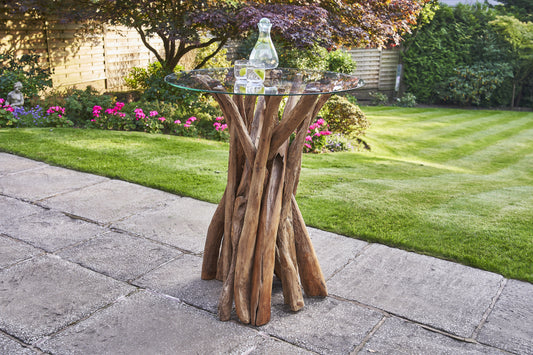Square teak root bar table with tempered glass top – handcrafted reclaimed wood base from the Branchwood Series