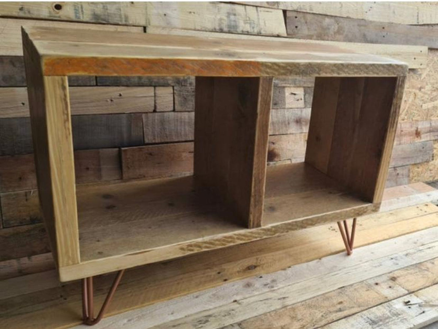 Reclaimed wood vinyl record cabinet with black hairpin legs – handcrafted DJ storage unit made to order