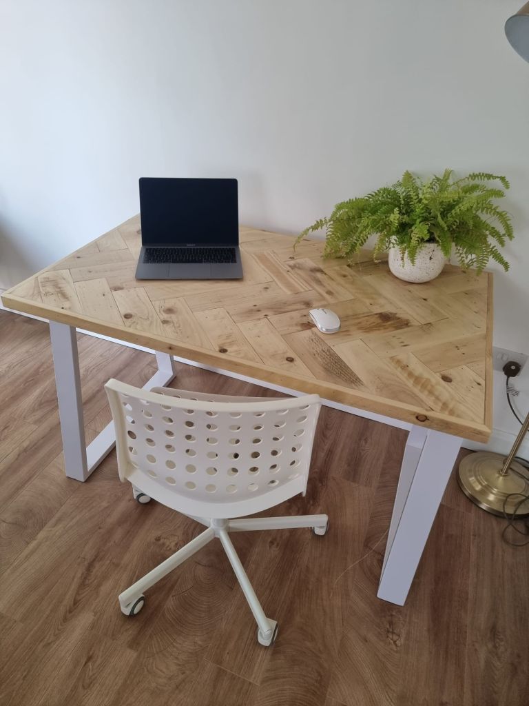 Reclaimed Wood Desk – Double Herringbone Top & Industrial Metal Legs | Made to order