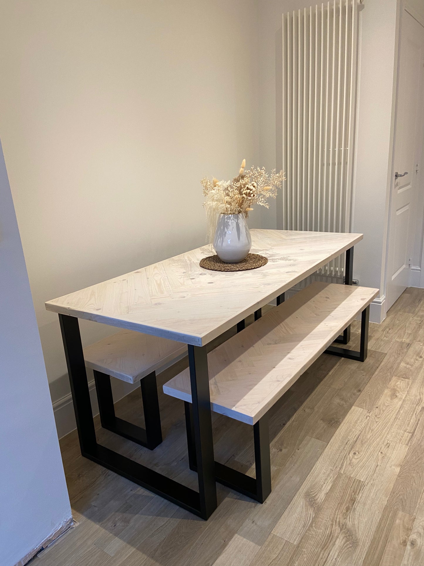 Handcrafted Herringbone Dining Table with Reclaimed Wood and Custom Legs - The Rough Wood UK