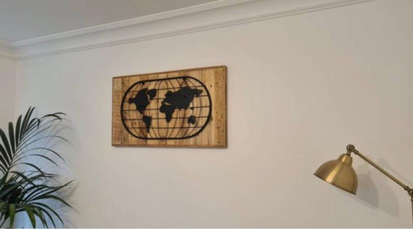Handmade reclaimed wood wall art featuring Tree of Life or World Map metal inlay – rustic and eco-friendly décor piece