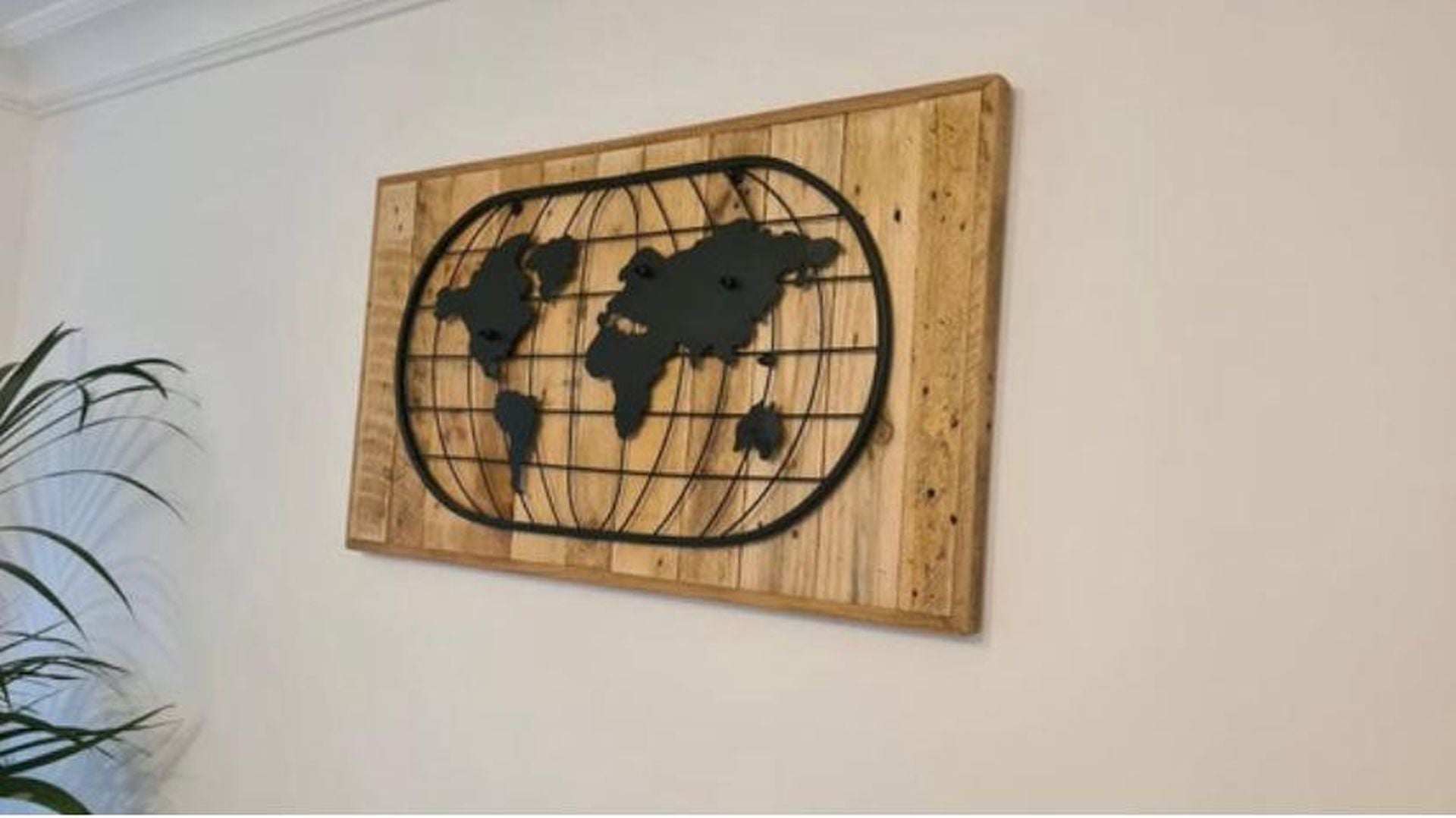 Handmade reclaimed wood wall art featuring Tree of Life or World Map metal inlay – rustic and eco-friendly décor piece