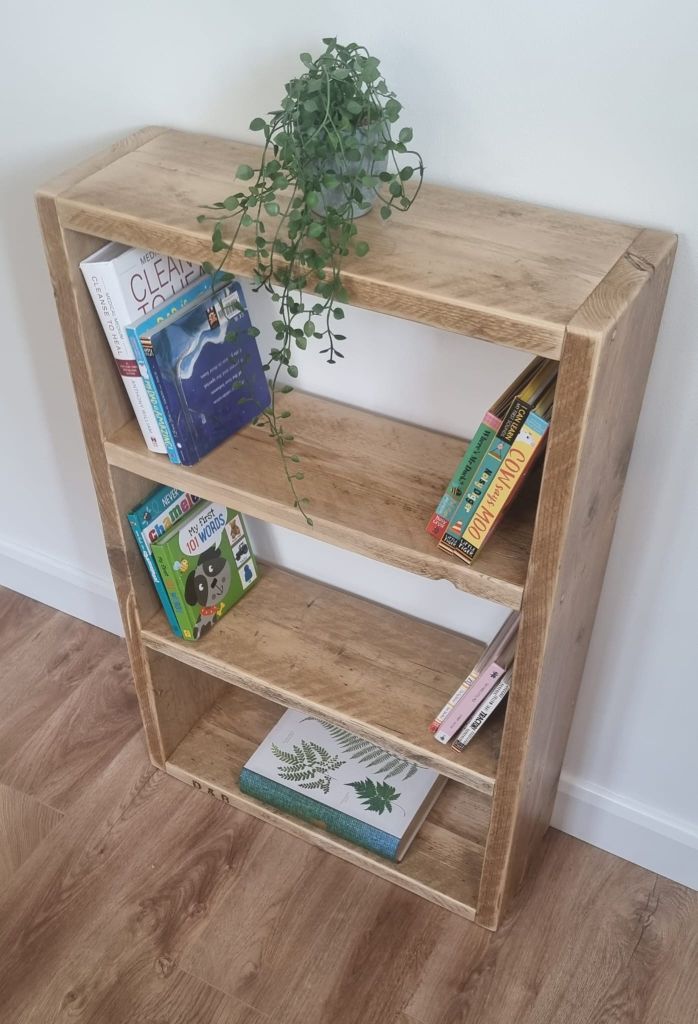 Reclaimed wood bookshelf with rustic finish – handcrafted storage shelf made from scaffold boards, available in custom sizes and finishes