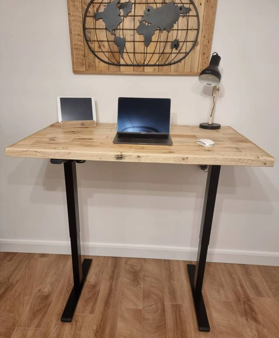 Adjustable height desk with reclaimed wood top and electric legs, featuring LED smart handset with memory presets and child lock – handcrafted sit-stand desk for home or office.