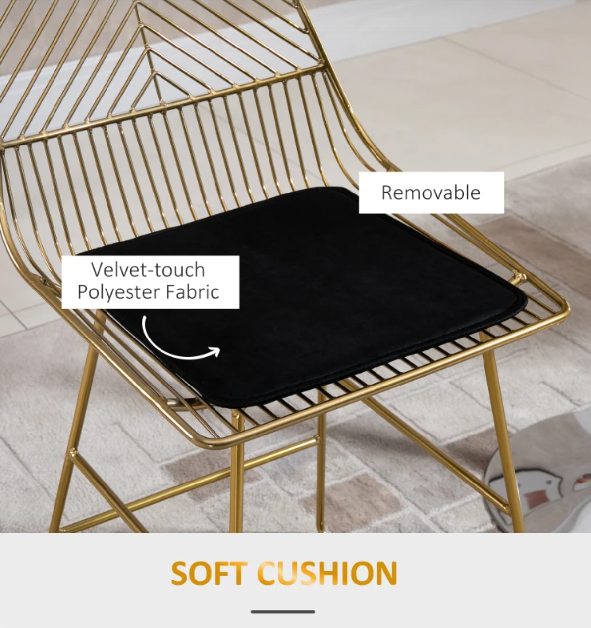 Modern gold bar stools with backrest and black cushion – set of 2 counter height chairs for kitchen or breakfast bar