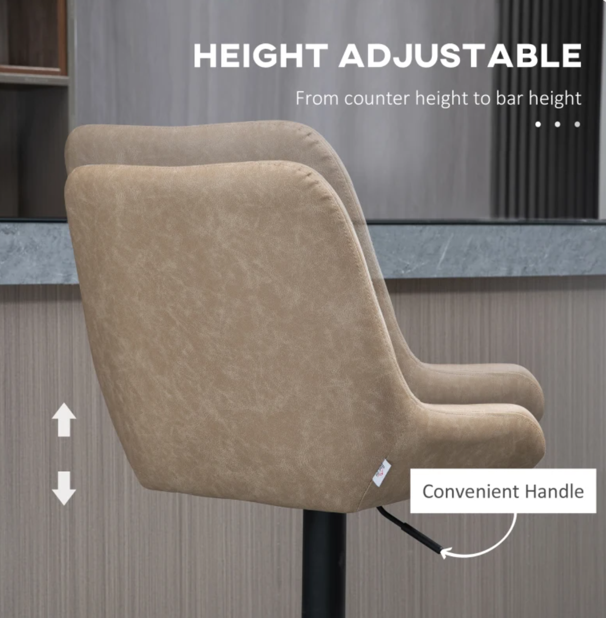 Retro bar stools set of 2 in light khaki faux leather with black base