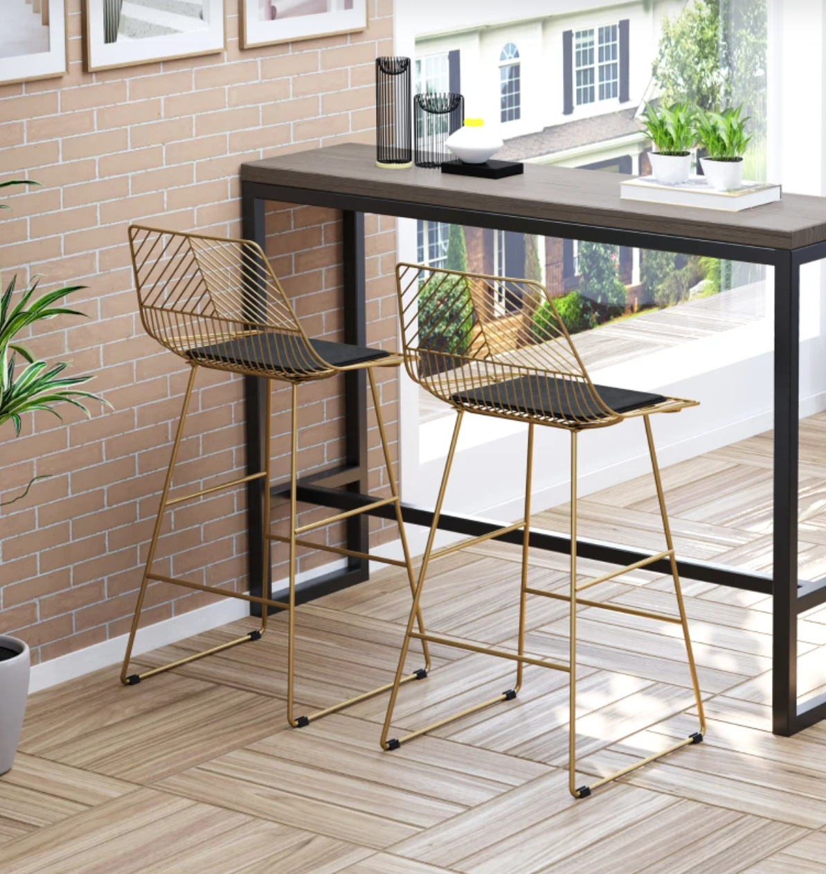 Modern gold bar stools with backrest and black cushion – set of 2 counter height chairs for kitchen or breakfast bar