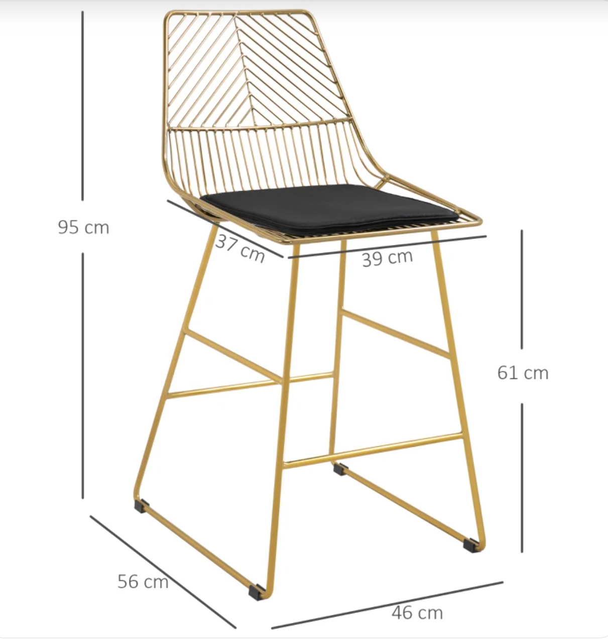 Modern gold bar stools with backrest and black cushion – set of 2 counter height chairs for kitchen or breakfast bar