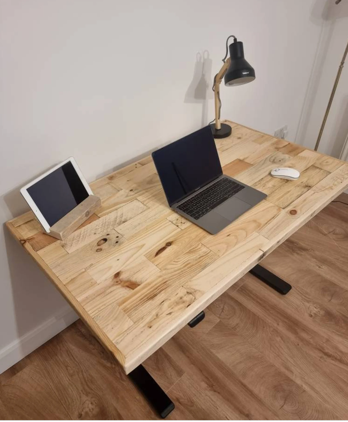 Adjustable height desk with reclaimed wood top and electric legs, featuring LED smart handset with memory presets and child lock – handcrafted sit-stand desk for home or office.