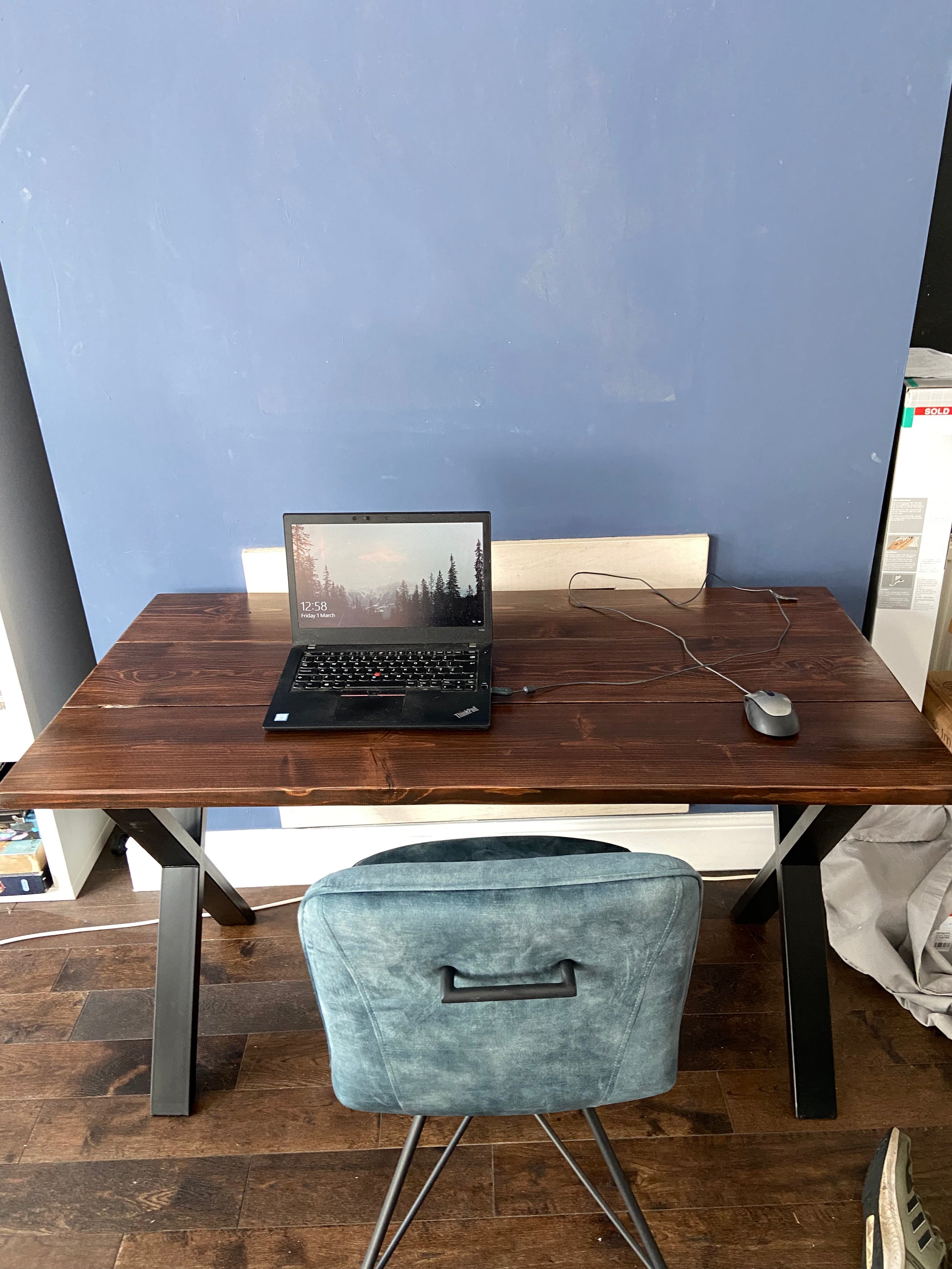 Handmade industrial desk made from reclaimed scaffold boards with steel legs – rustic wood workstation for home office or computer use.