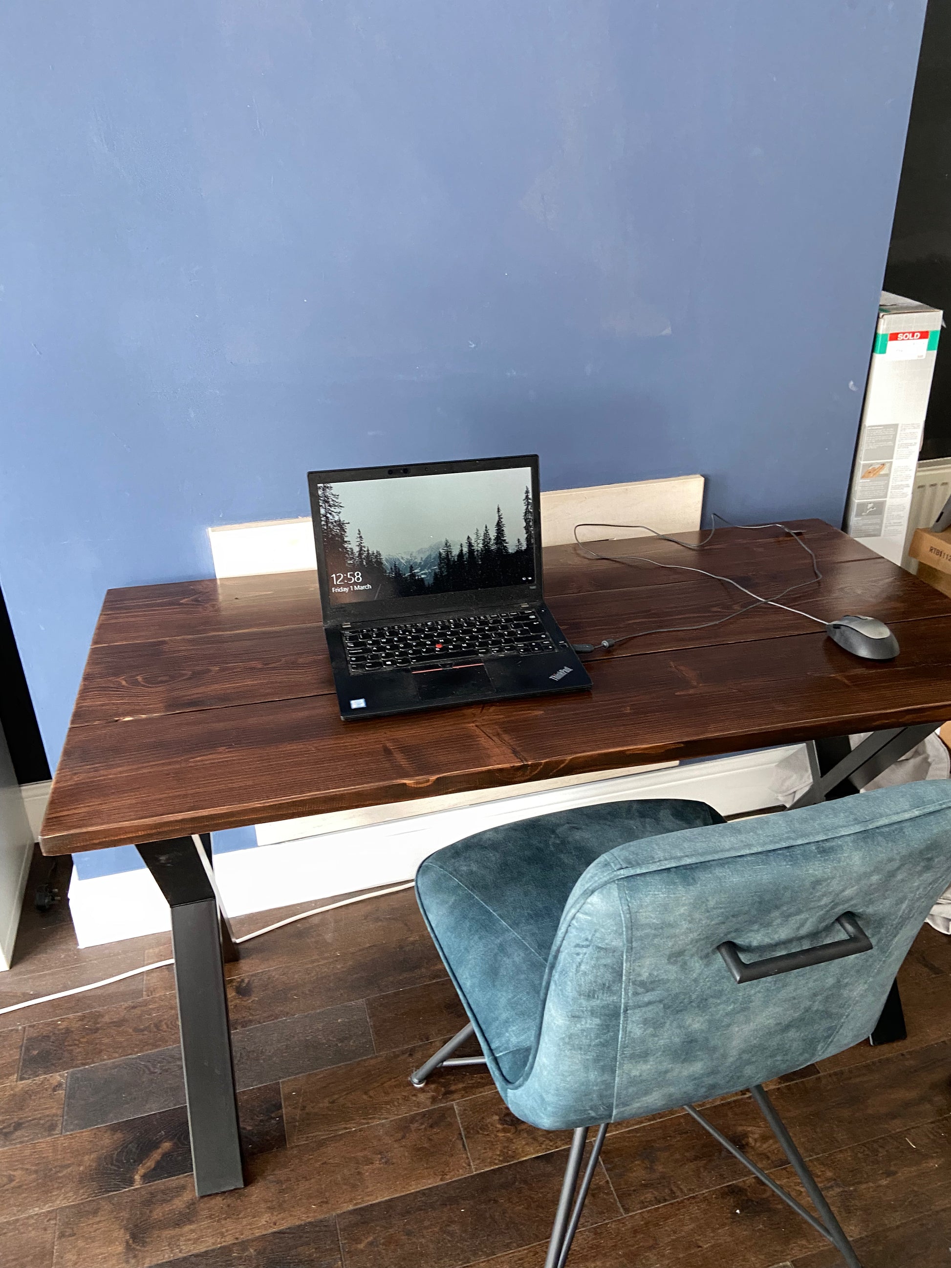 Handmade industrial desk made from reclaimed scaffold boards with steel legs – rustic wood workstation for home office or computer use.
