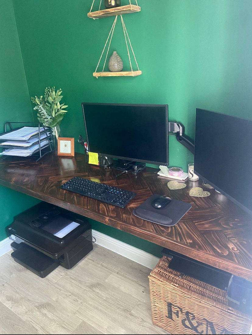 Adjustable height desk with reclaimed wood double herringbone top and electric legs, featuring LED smart handset with memory presets and child lock – handcrafted sit-stand desk for home or office.