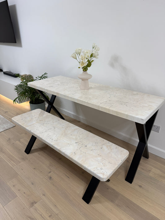 Handmade epoxy resin dining table with artistic marble effect top and custom metal legs – made to order in the UK, optional matching benches available.