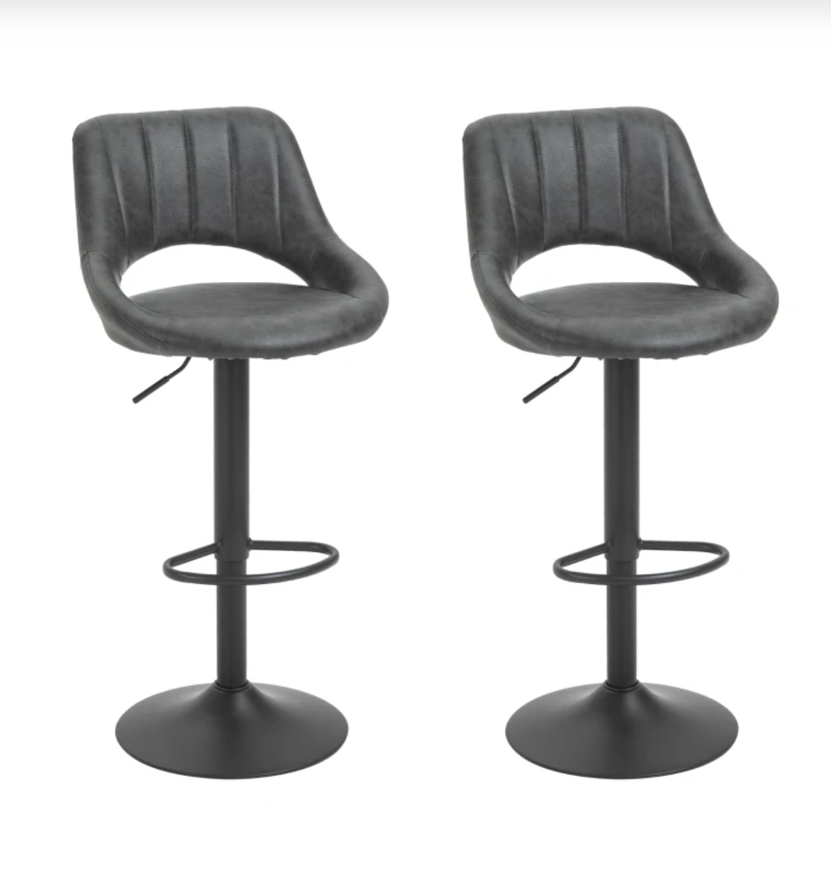 Adjustable swivel grey bar stools with curved PU leather seat and footrest – set of 2 counter height chairs for kitchen or dining
