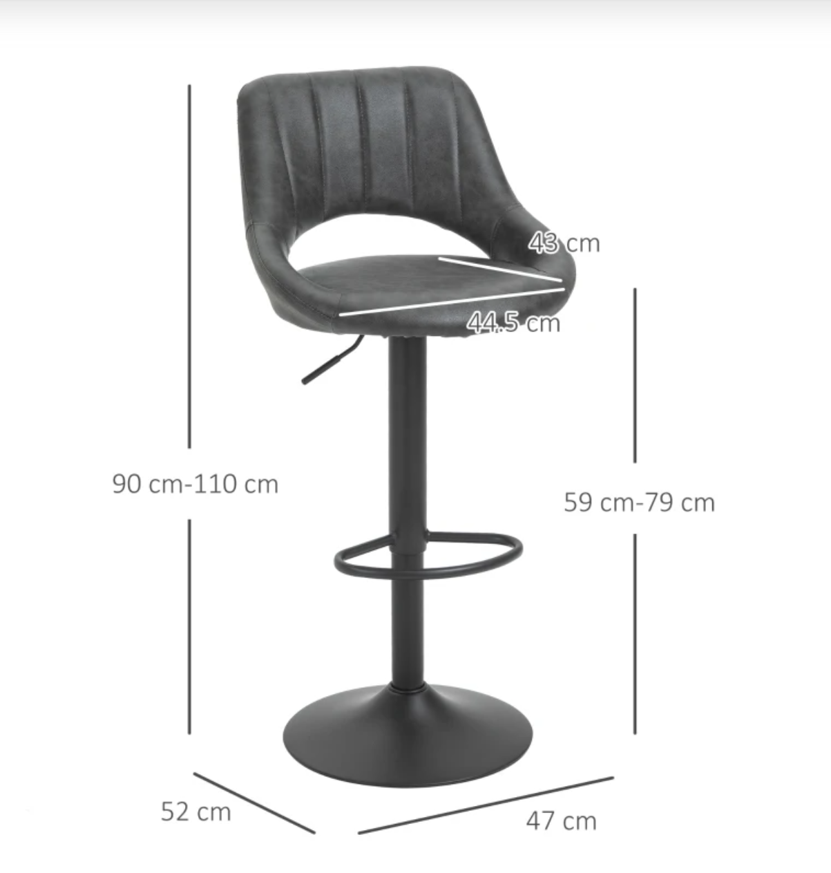 Adjustable swivel grey bar stools with curved PU leather seat and footrest – set of 2 counter height chairs for kitchen or dining