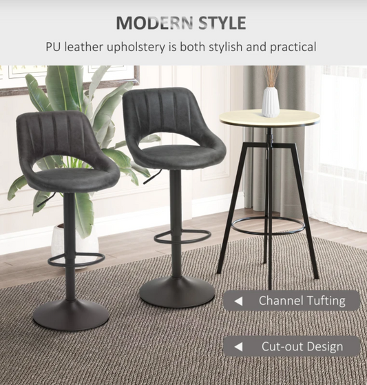 Adjustable swivel grey bar stools with curved PU leather seat and footrest – set of 2 counter height chairs for kitchen or dining