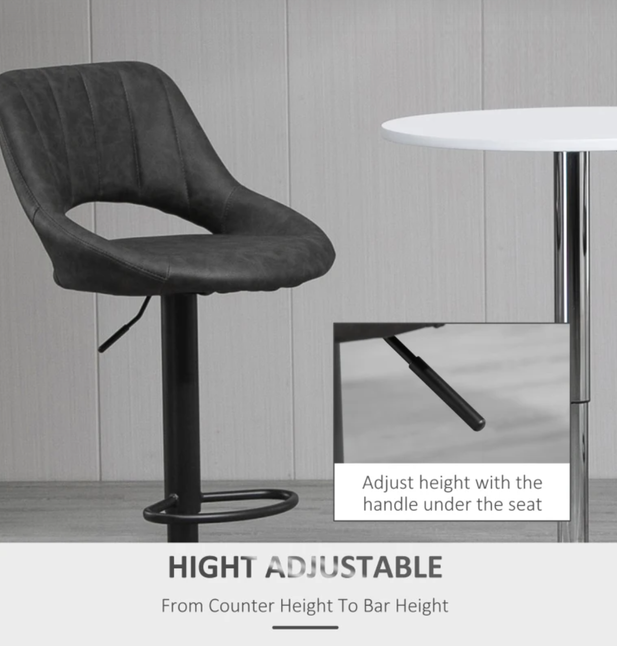 Adjustable swivel grey bar stools with curved PU leather seat and footrest – set of 2 counter height chairs for kitchen or dining