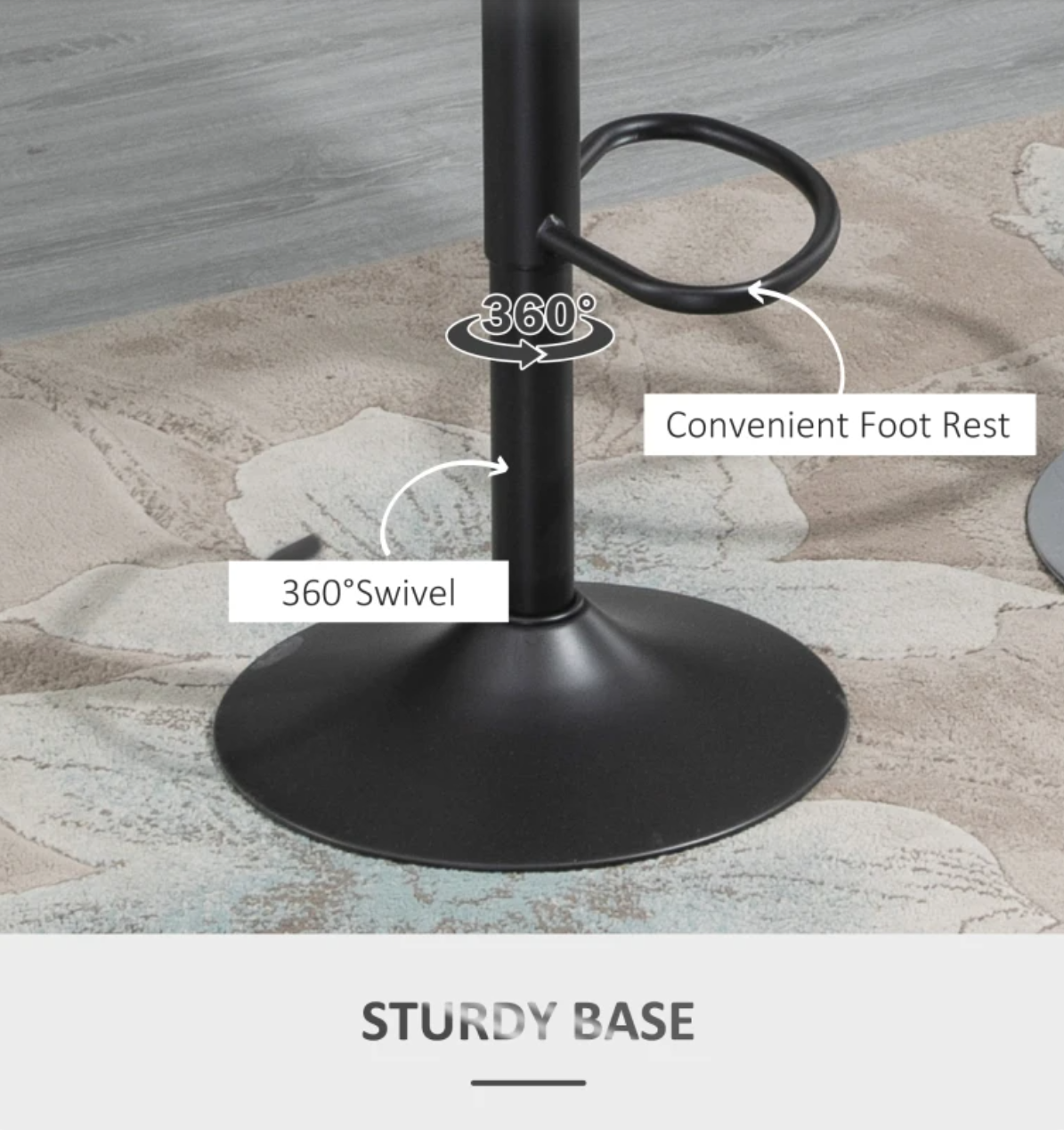 Adjustable swivel grey bar stools with curved PU leather seat and footrest – set of 2 counter height chairs for kitchen or dining