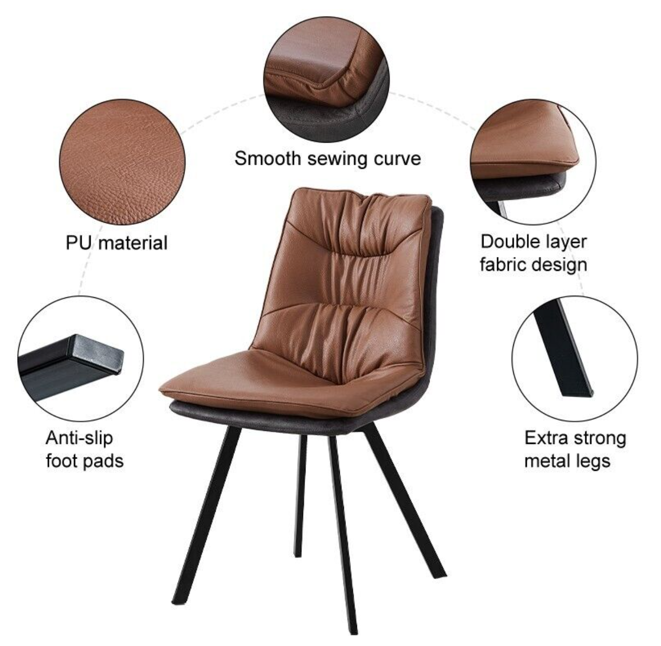 Set of 2 faux leather dining chairs with metallic frame and padded seat – modern indoor design