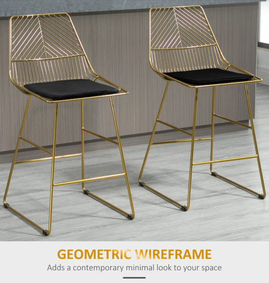 Modern gold bar stools with backrest and black cushion – set of 2 counter height chairs for kitchen or breakfast bar