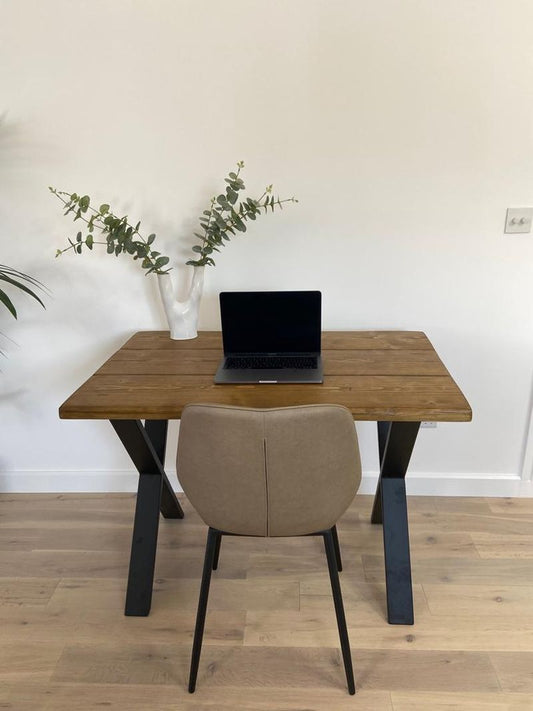 Handmade industrial desk made from reclaimed scaffold boards with steel legs – rustic wood workstation for home office or computer use.