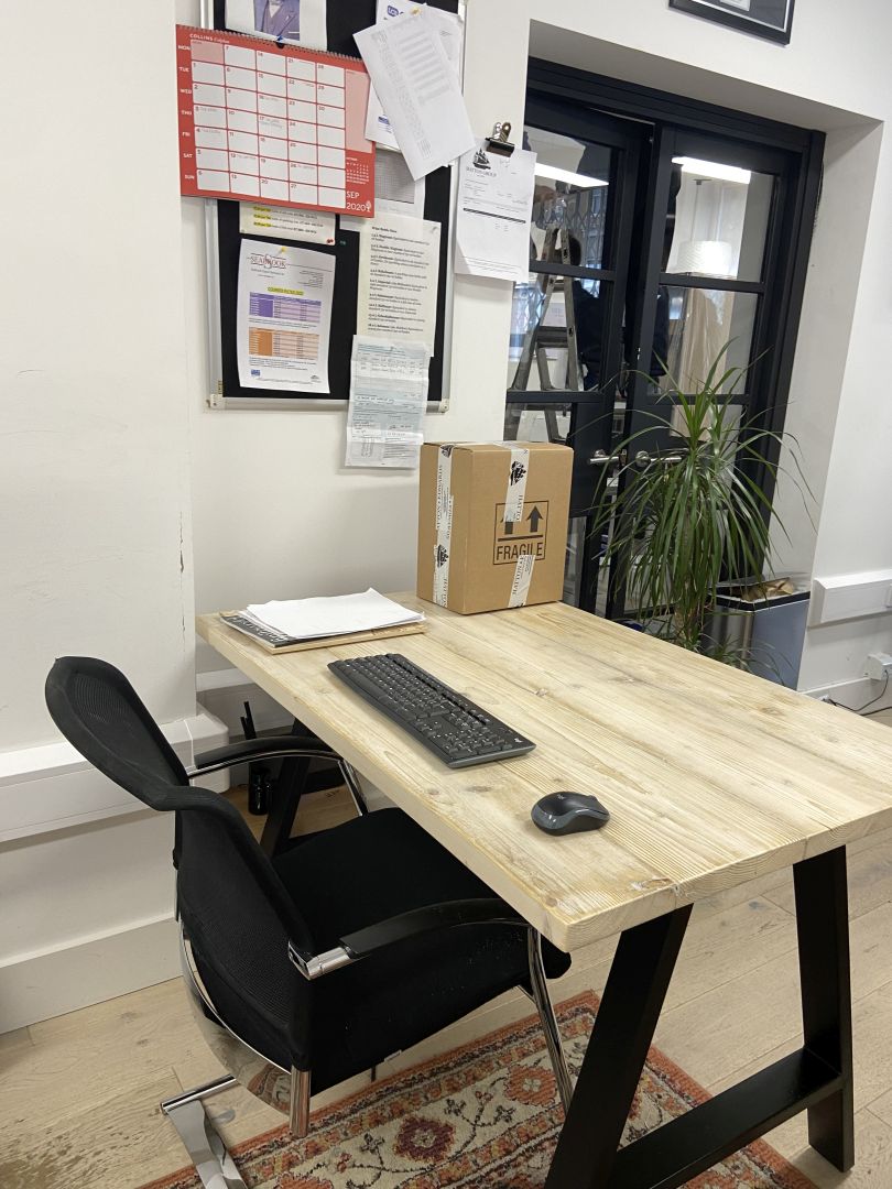 Handmade industrial desk made from reclaimed scaffold boards with steel legs – rustic wood workstation for home office or computer use.