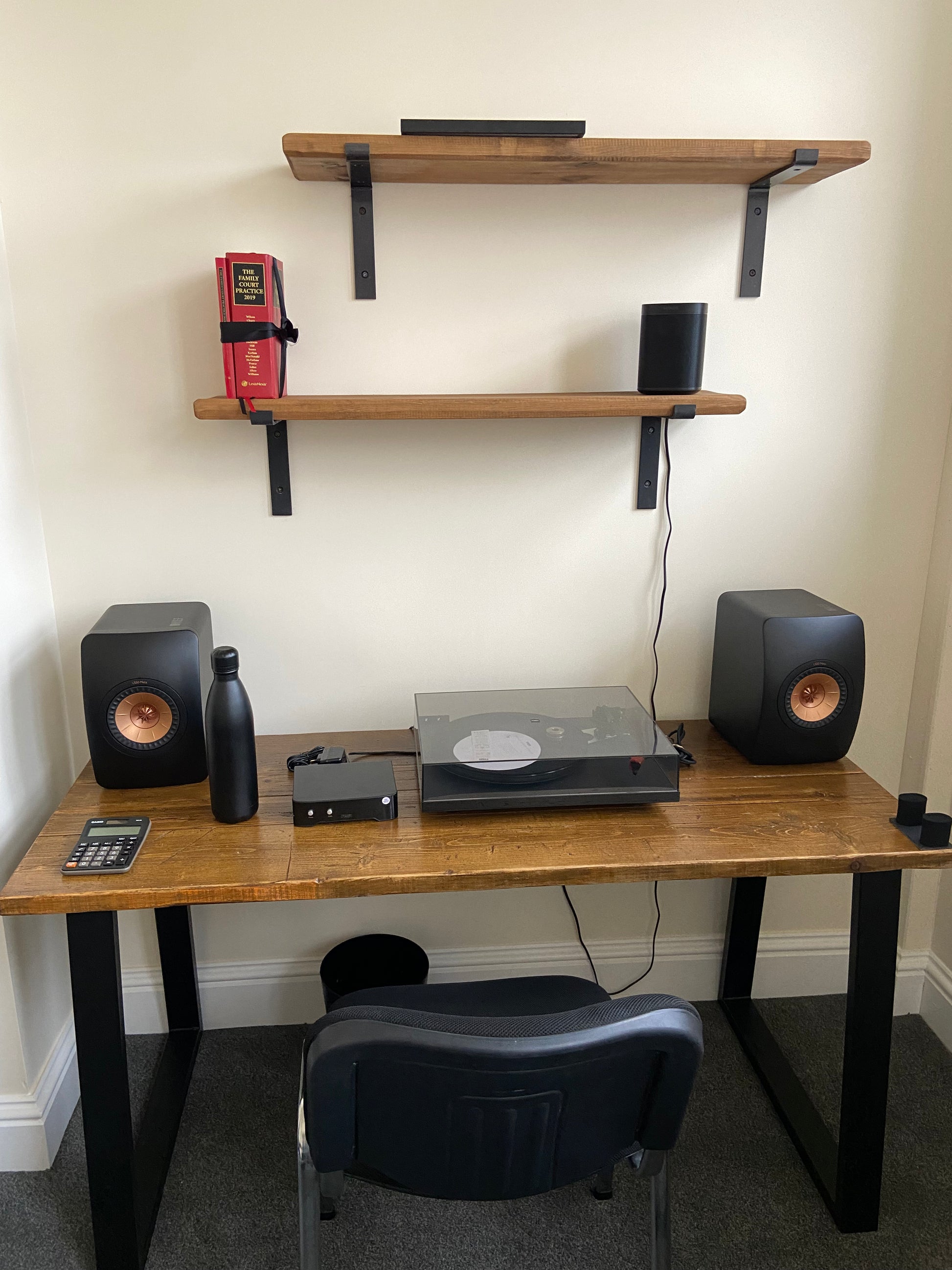 Handmade industrial desk made from reclaimed scaffold boards with steel legs – rustic wood workstation for home office or computer use.