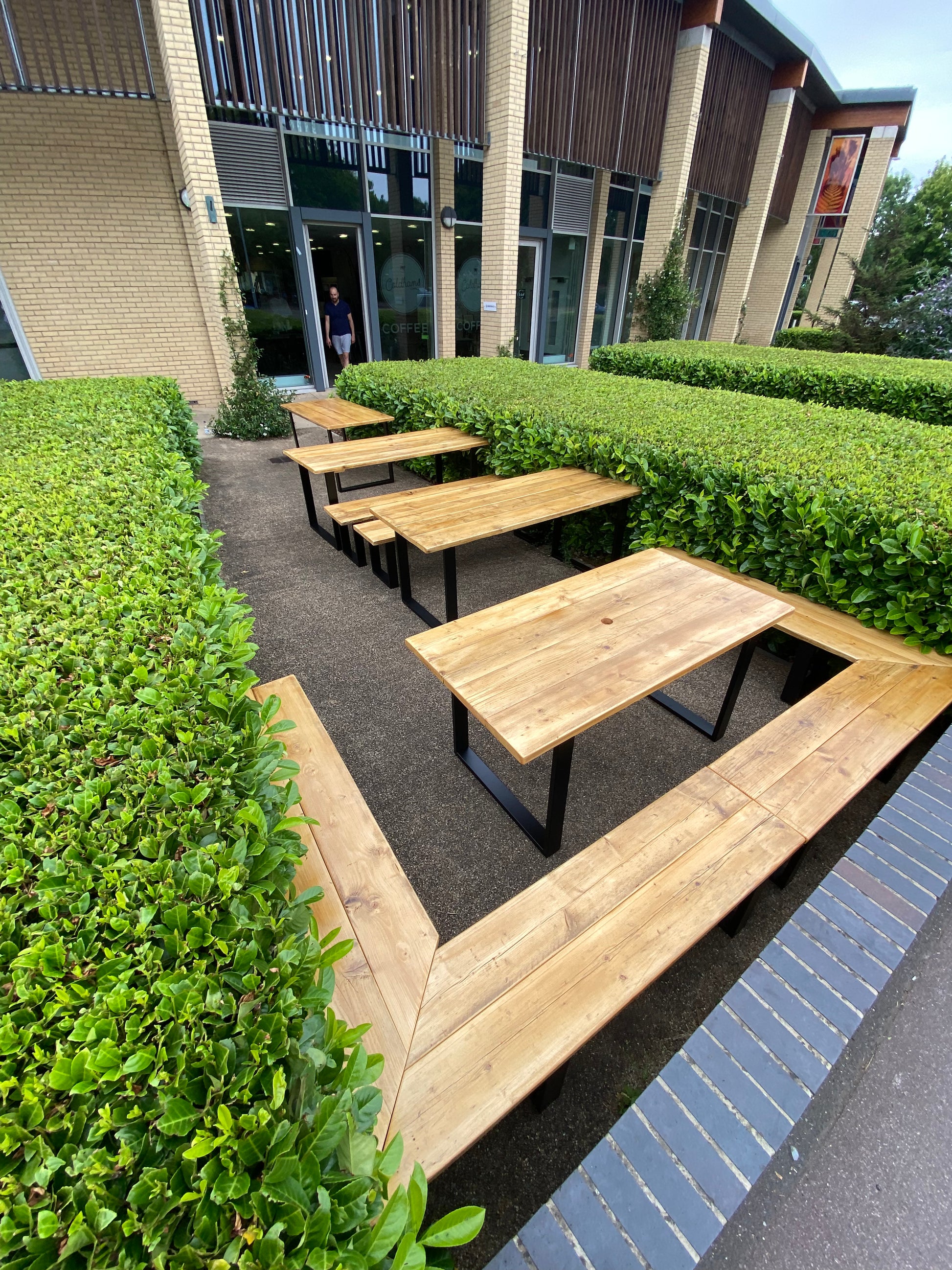 Wooden picnic tables arranged in a row with green hedges and a building in the background.