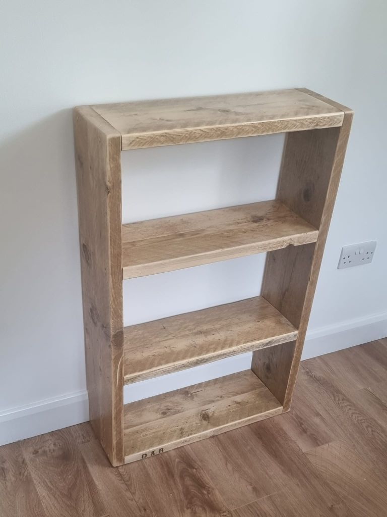 Reclaimed wood bookshelf with rustic finish – handcrafted storage shelf made from scaffold boards, available in custom sizes and finishes