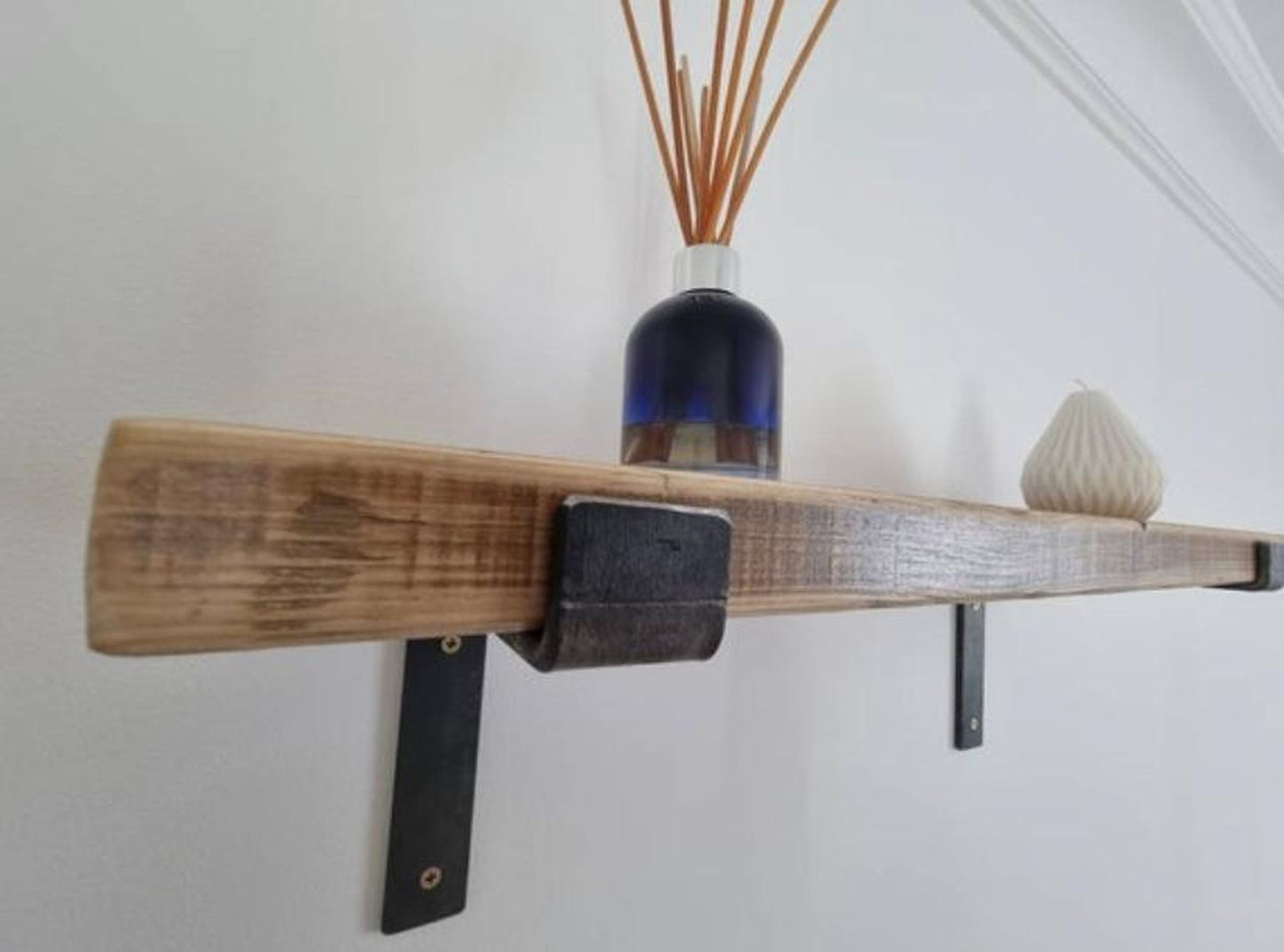 Reclaimed wood wall shelves with industrial or retro-style metal brackets – handmade to order with rustic finish