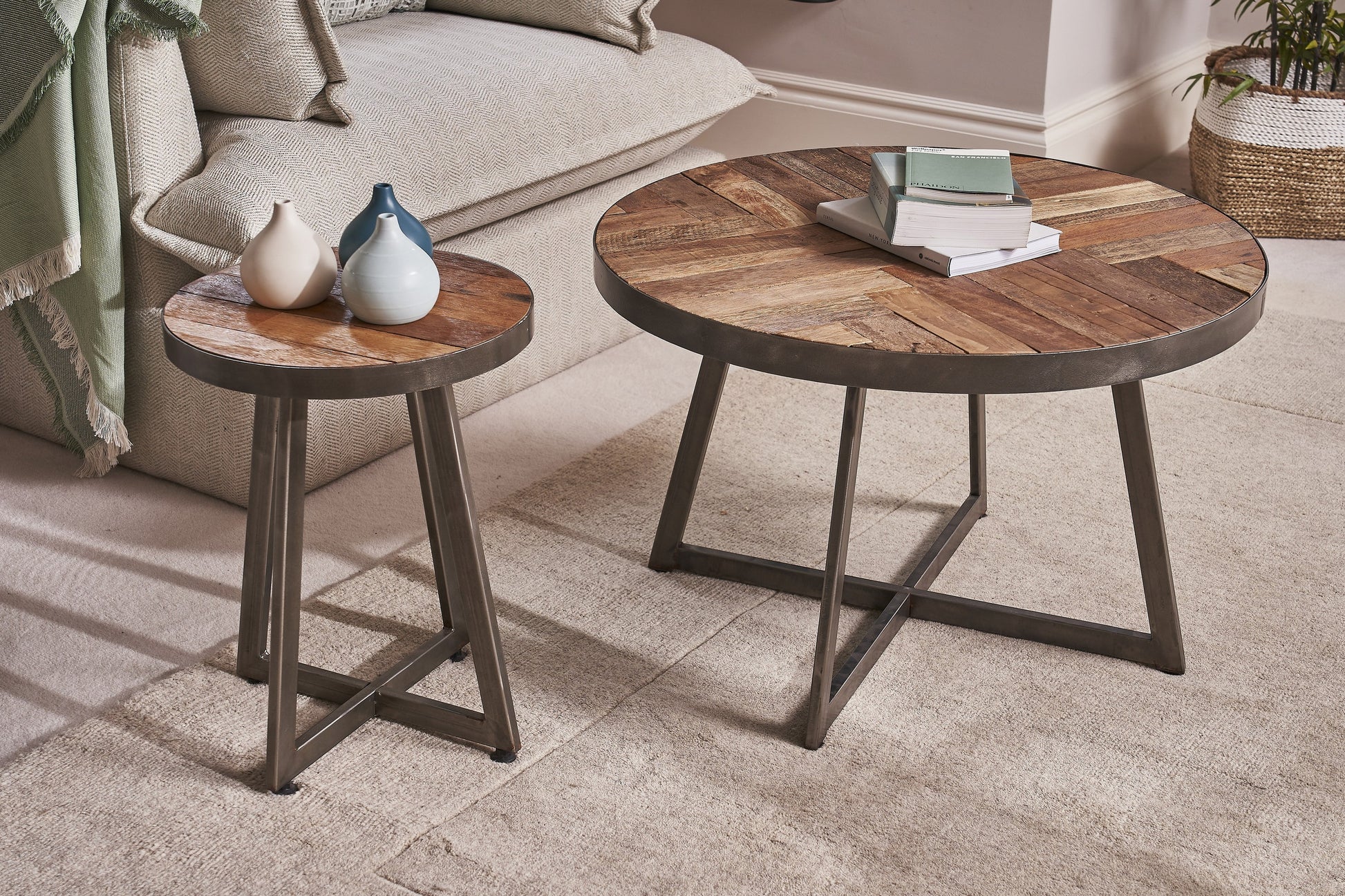round reclaimed wood coffee table with sealed steel frame – Dockhouse Series