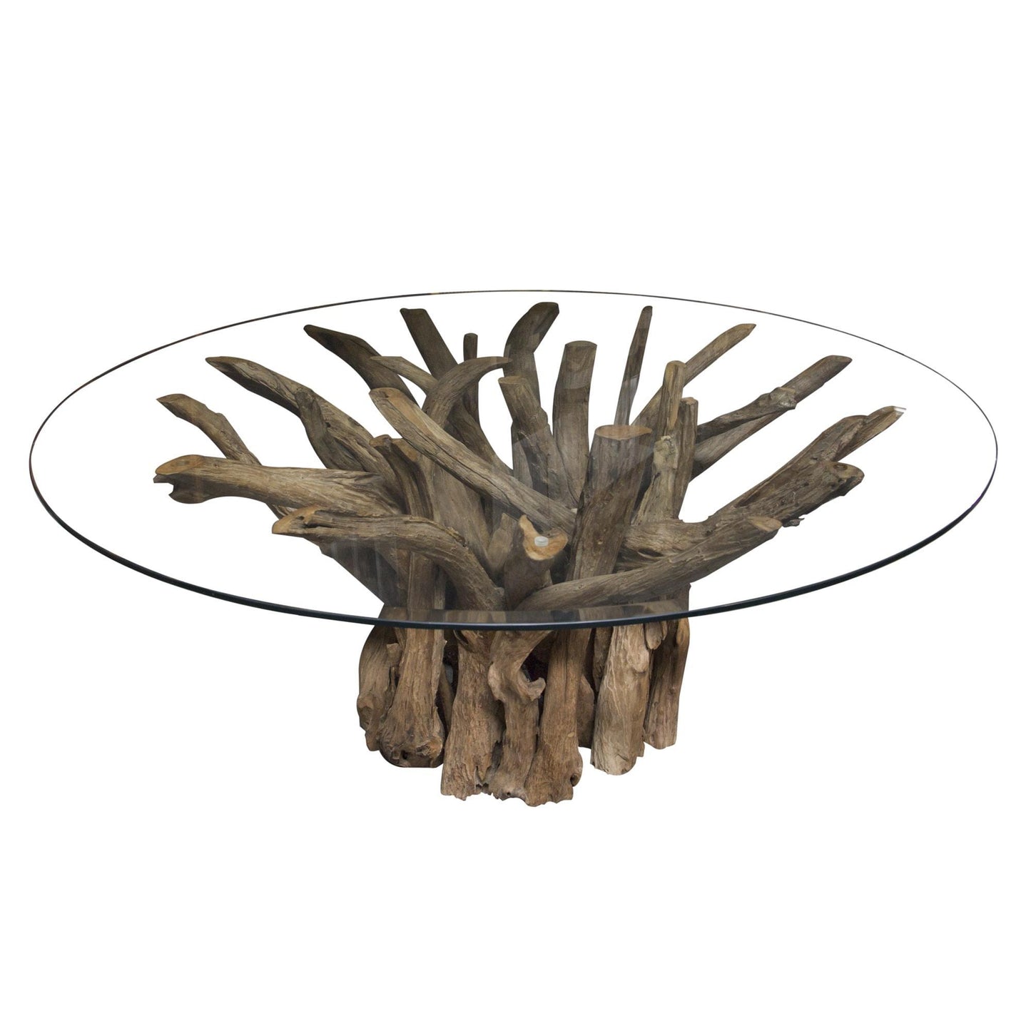 Round teak root dining table with tempered glass top – handcrafted wood base from the Branchwood Series, each piece uniquely shaped by nature