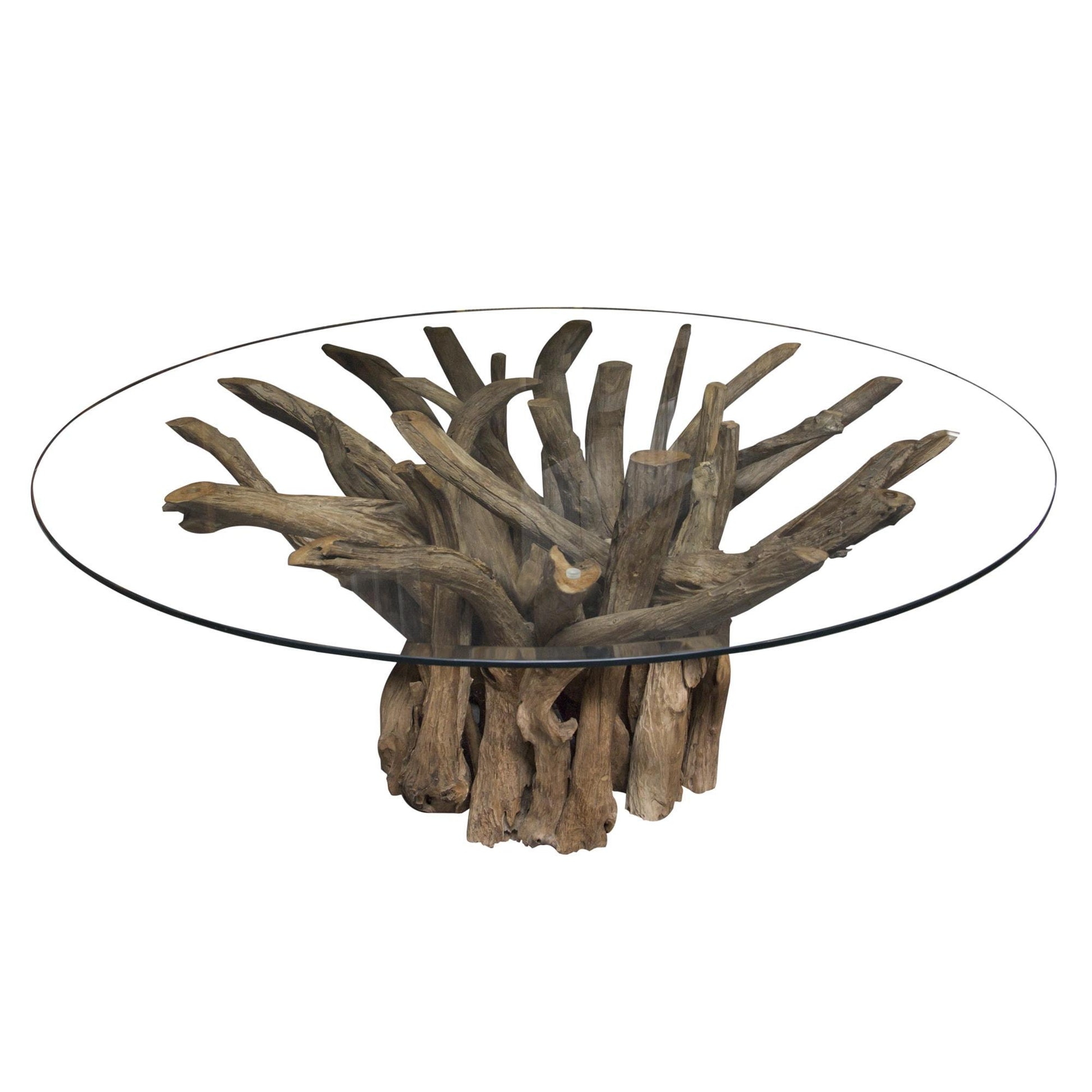 Round teak root dining table with tempered glass top – handcrafted wood base from the Branchwood Series, each piece uniquely shaped by nature